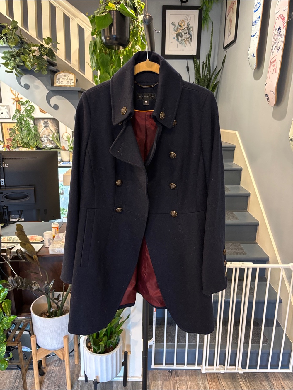 Worthington Navy Double-Breasted Pea Coat with Burgundy Lining
